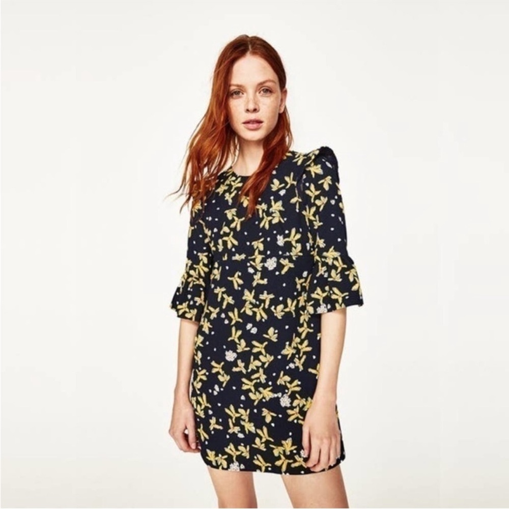 Zara Women’s Navy Bell Sleeve Mini Dress with Yellow Flowers